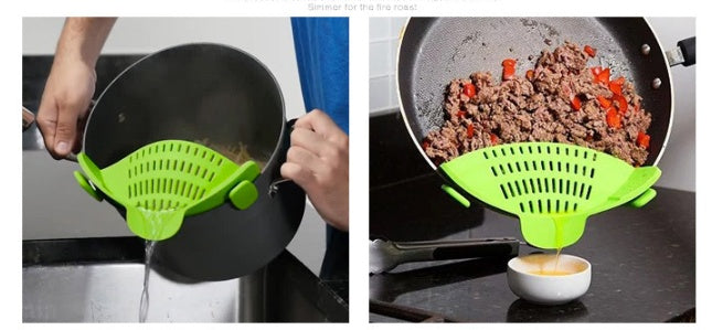 Green kitchen tool being used to strain water from a pot and cook food in a pan.